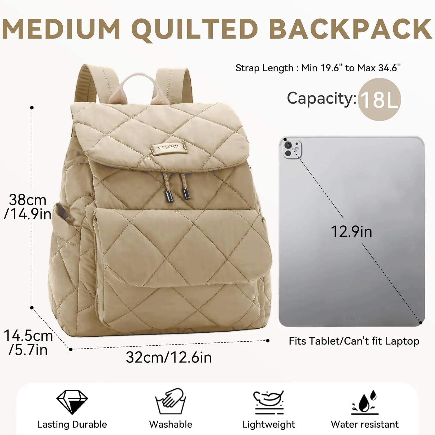 VASCHY Quilted Backpack Purse for Women, Lightweight Casual Puffer Flap Drawstring Backpack for Gym/Work/Travel/Hiking/Diaper Khaki