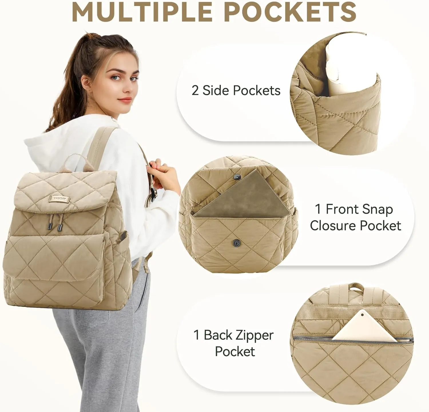 VASCHY Quilted Backpack Purse for Women, Lightweight Casual Puffer Flap Drawstring Backpack for Gym/Work/Travel/Hiking/Diaper Khaki