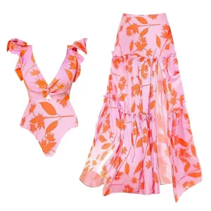 Vina - Ruffled Edge V-Neck Swimsuit Set