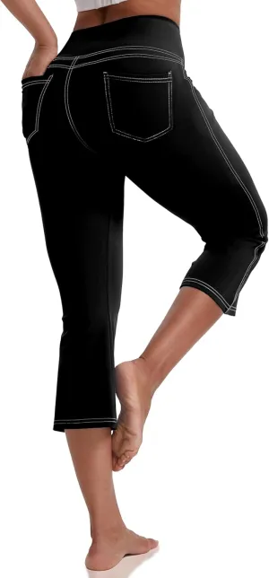 VOOVEEYA Women's Capri Leggings, Yoga Capris Pants with Pockets Stretchy Crop Pants High Waisted Straight Leg 21"