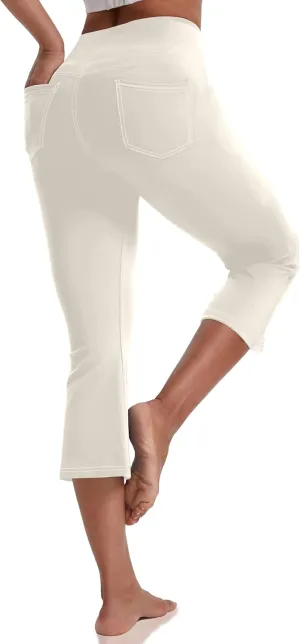 VOOVEEYA Women's Capri Leggings, Yoga Capris Pants with Pockets Stretchy Crop Pants High Waisted Straight Leg 21"