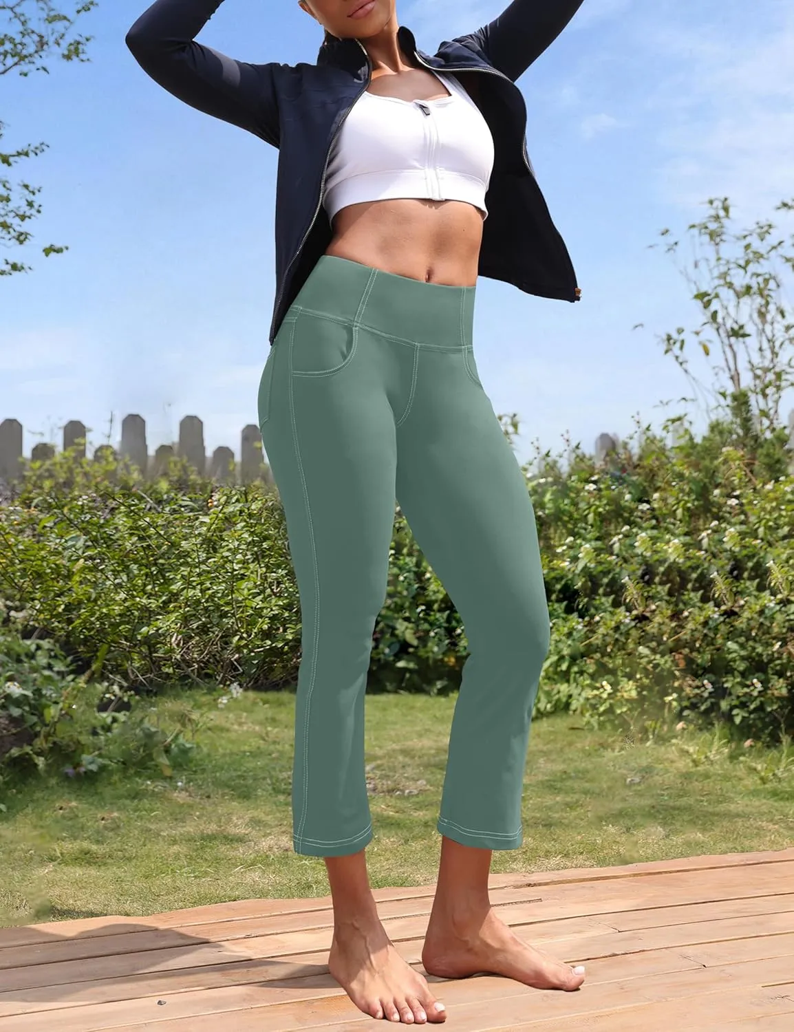VOOVEEYA Women's Capri Leggings, Yoga Capris Pants with Pockets Stretchy Crop Pants High Waisted Straight Leg 21"