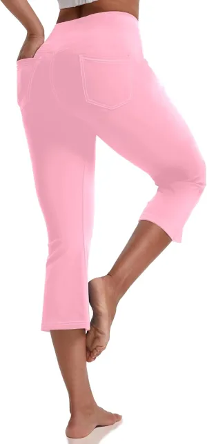 VOOVEEYA Women's Capri Leggings, Yoga Capris Pants with Pockets Stretchy Crop Pants High Waisted Straight Leg 21"