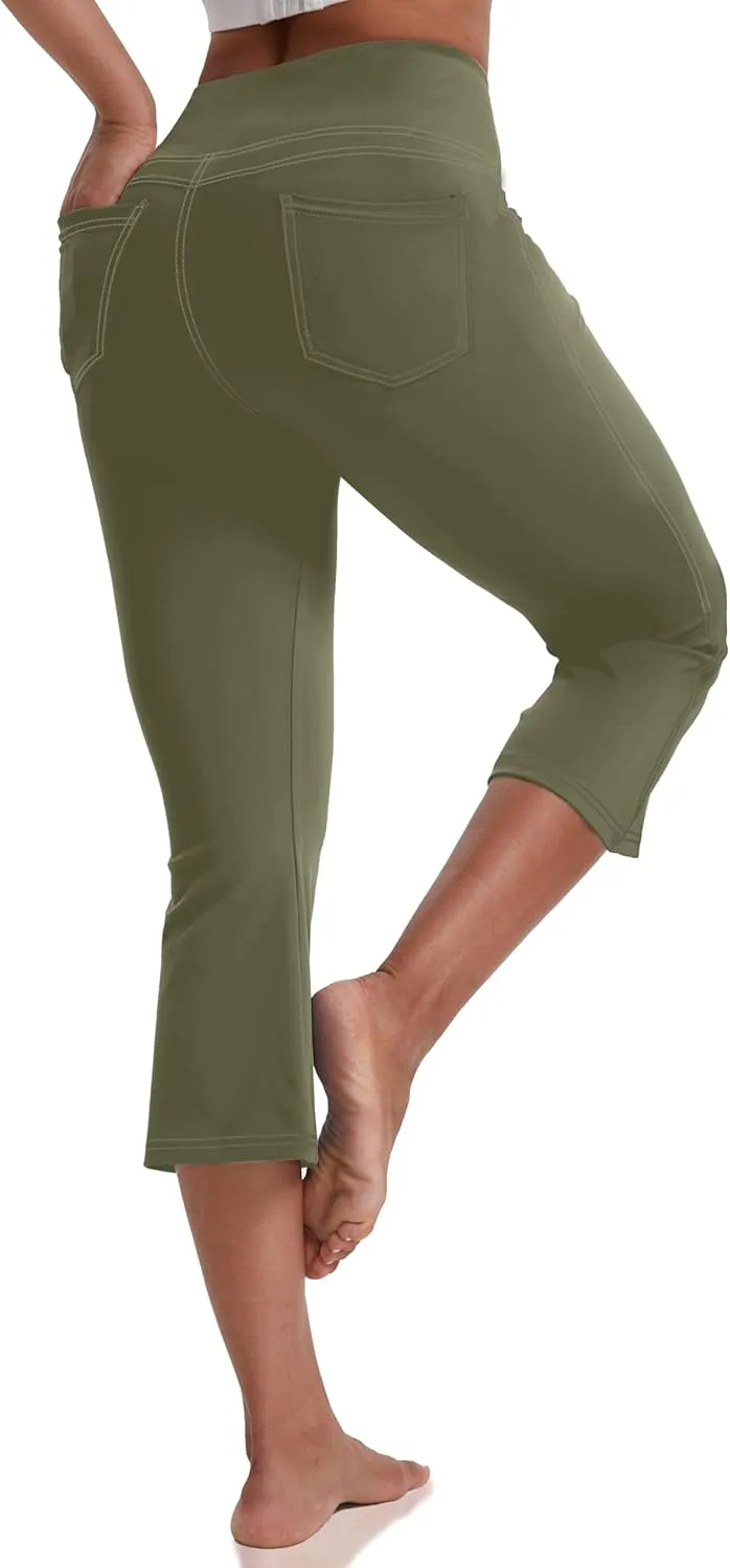 VOOVEEYA Women's Capri Leggings, Yoga Capris Pants with Pockets Stretchy Crop Pants High Waisted Straight Leg 21"