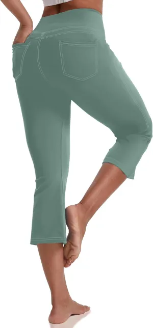 VOOVEEYA Women's Capri Leggings, Yoga Capris Pants with Pockets Stretchy Crop Pants High Waisted Straight Leg 21"