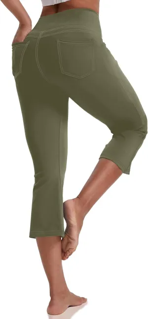 VOOVEEYA Women's Capri Leggings, Yoga Capris Pants with Pockets Stretchy Crop Pants High Waisted Straight Leg 21"