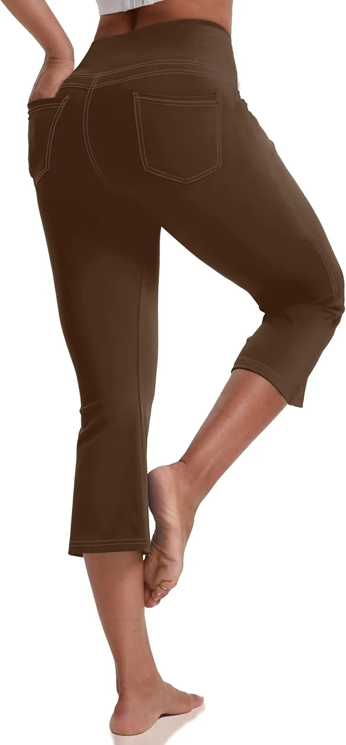 VOOVEEYA Women's Capri Leggings, Yoga Capris Pants with Pockets Stretchy Crop Pants High Waisted Straight Leg 21"