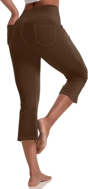 VOOVEEYA Women's Capri Leggings, Yoga Capris Pants with Pockets Stretchy Crop Pants High Waisted Straight Leg 21"