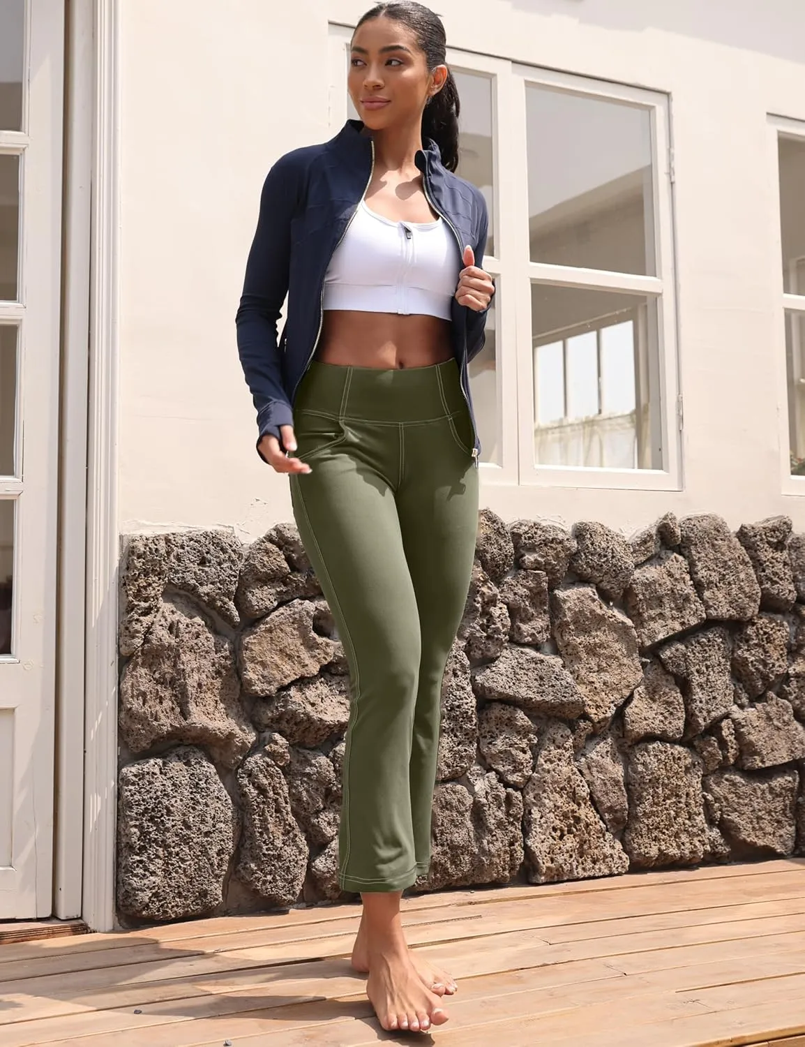 VOOVEEYA Women's Capri Leggings, Yoga Capris Pants with Pockets Stretchy Crop Pants High Waisted Straight Leg 21"