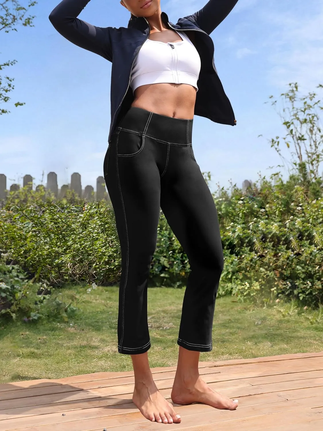 VOOVEEYA Women's Capri Leggings, Yoga Capris Pants with Pockets Stretchy Crop Pants High Waisted Straight Leg 21"