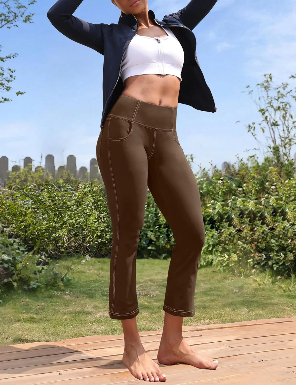 VOOVEEYA Women's Capri Leggings, Yoga Capris Pants with Pockets Stretchy Crop Pants High Waisted Straight Leg 21"