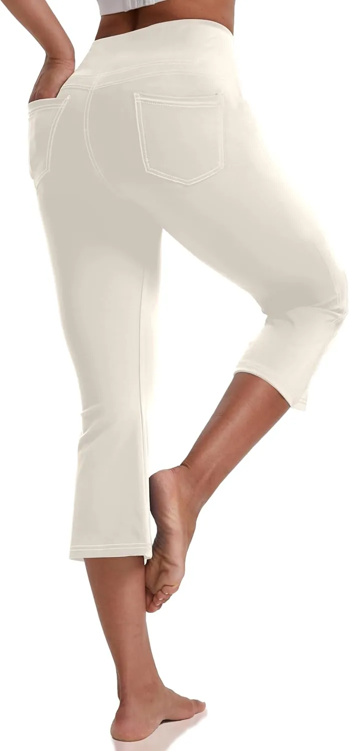 VOOVEEYA Women's Capri Leggings, Yoga Capris Pants with Pockets Stretchy Crop Pants High Waisted Straight Leg 21"