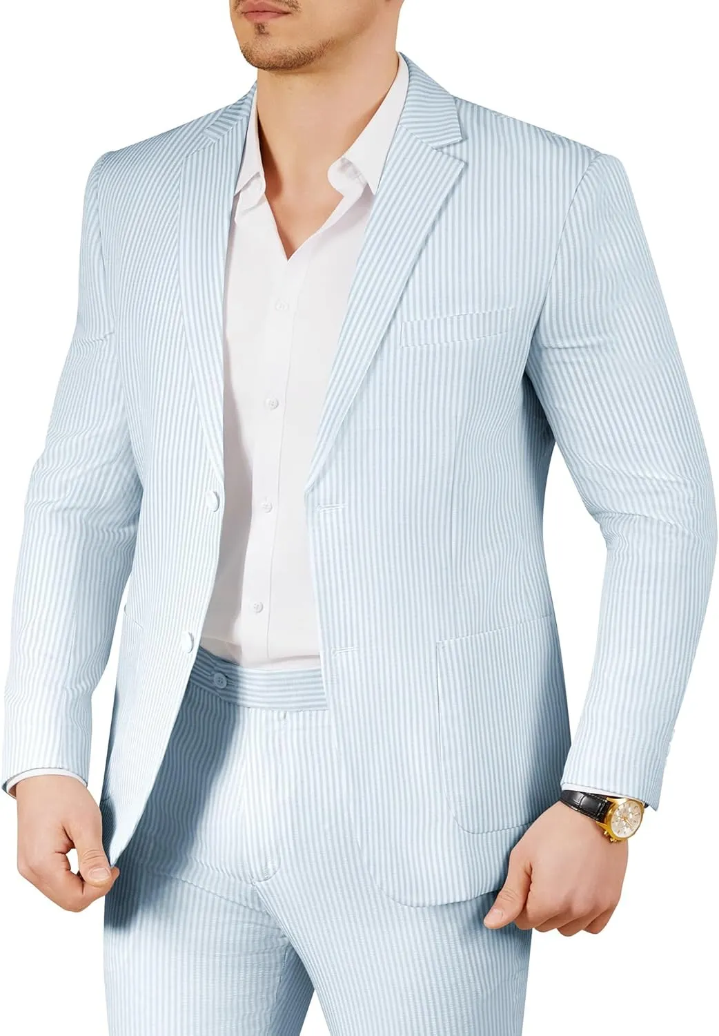 WEEN CHARM Men's 2 Piece Slim Fit Pinstripe Seersucker Suit Lightweight Breathable for Beach Wedding Summer Formal