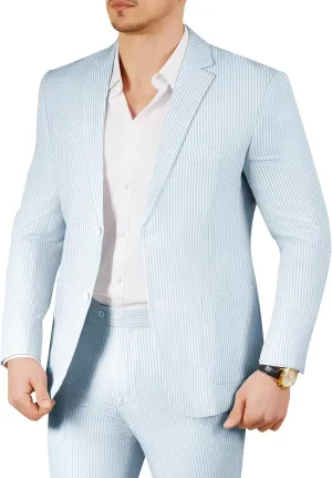 WEEN CHARM Men's 2 Piece Slim Fit Pinstripe Seersucker Suit Lightweight Breathable for Beach Wedding Summer Formal