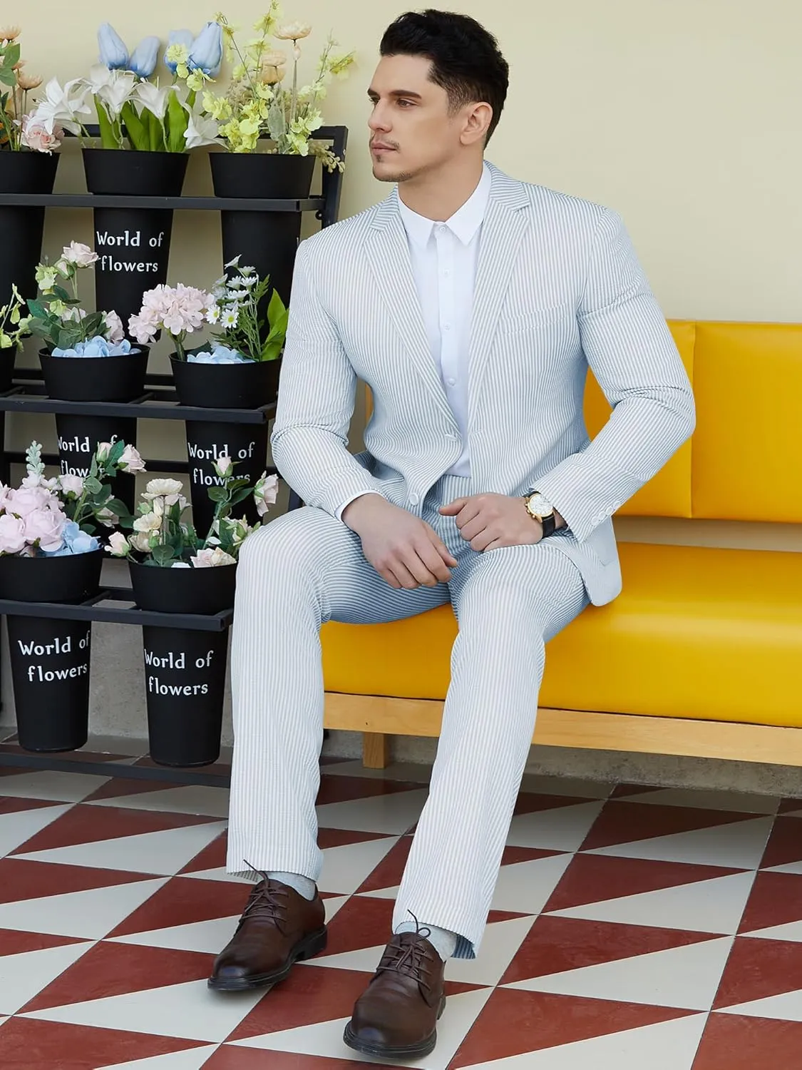 WEEN CHARM Men's 2 Piece Slim Fit Pinstripe Seersucker Suit Lightweight Breathable for Beach Wedding Summer Formal