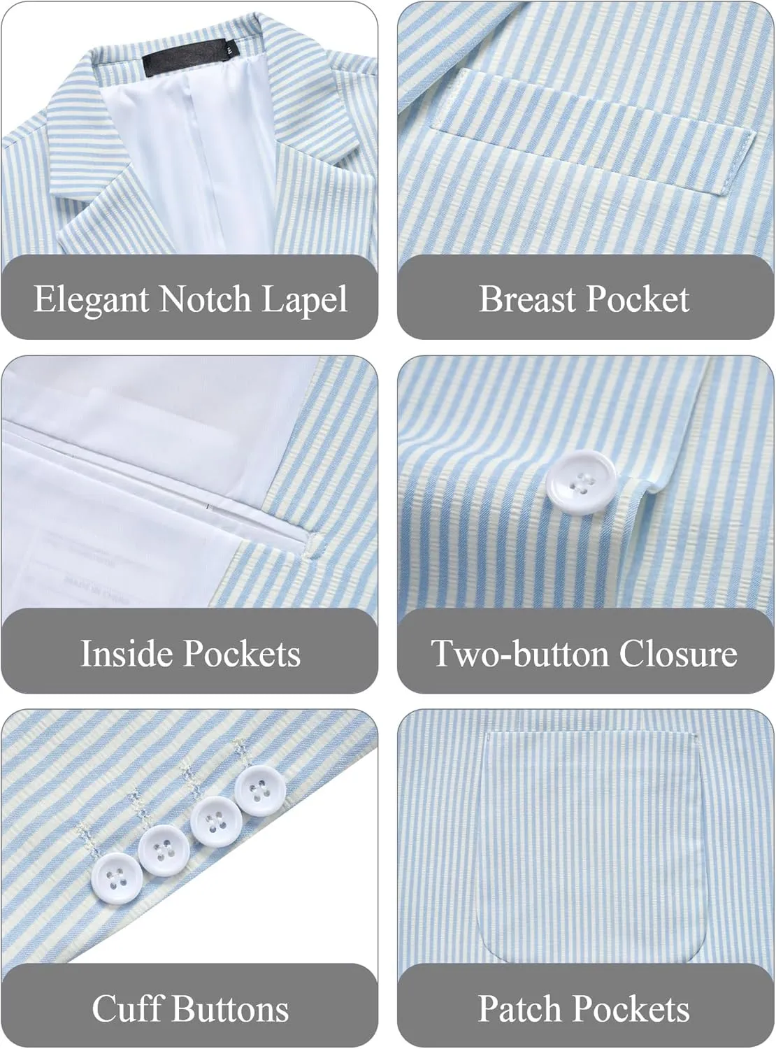 WEEN CHARM Men's 2 Piece Slim Fit Pinstripe Seersucker Suit Lightweight Breathable for Beach Wedding Summer Formal