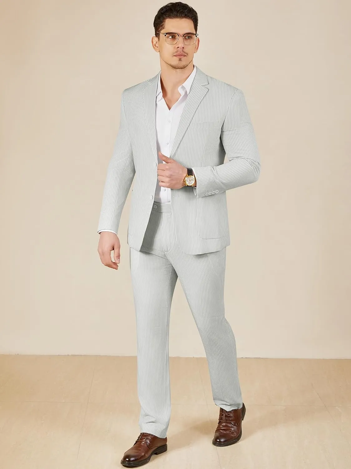 WEEN CHARM Men's 2 Piece Slim Fit Pinstripe Seersucker Suit Lightweight Breathable for Beach Wedding Summer Formal