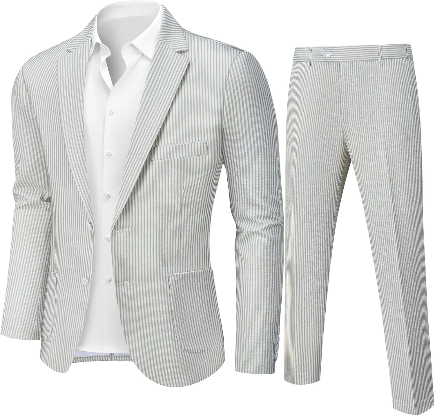 WEEN CHARM Men's 2 Piece Slim Fit Pinstripe Seersucker Suit Lightweight Breathable for Beach Wedding Summer Formal