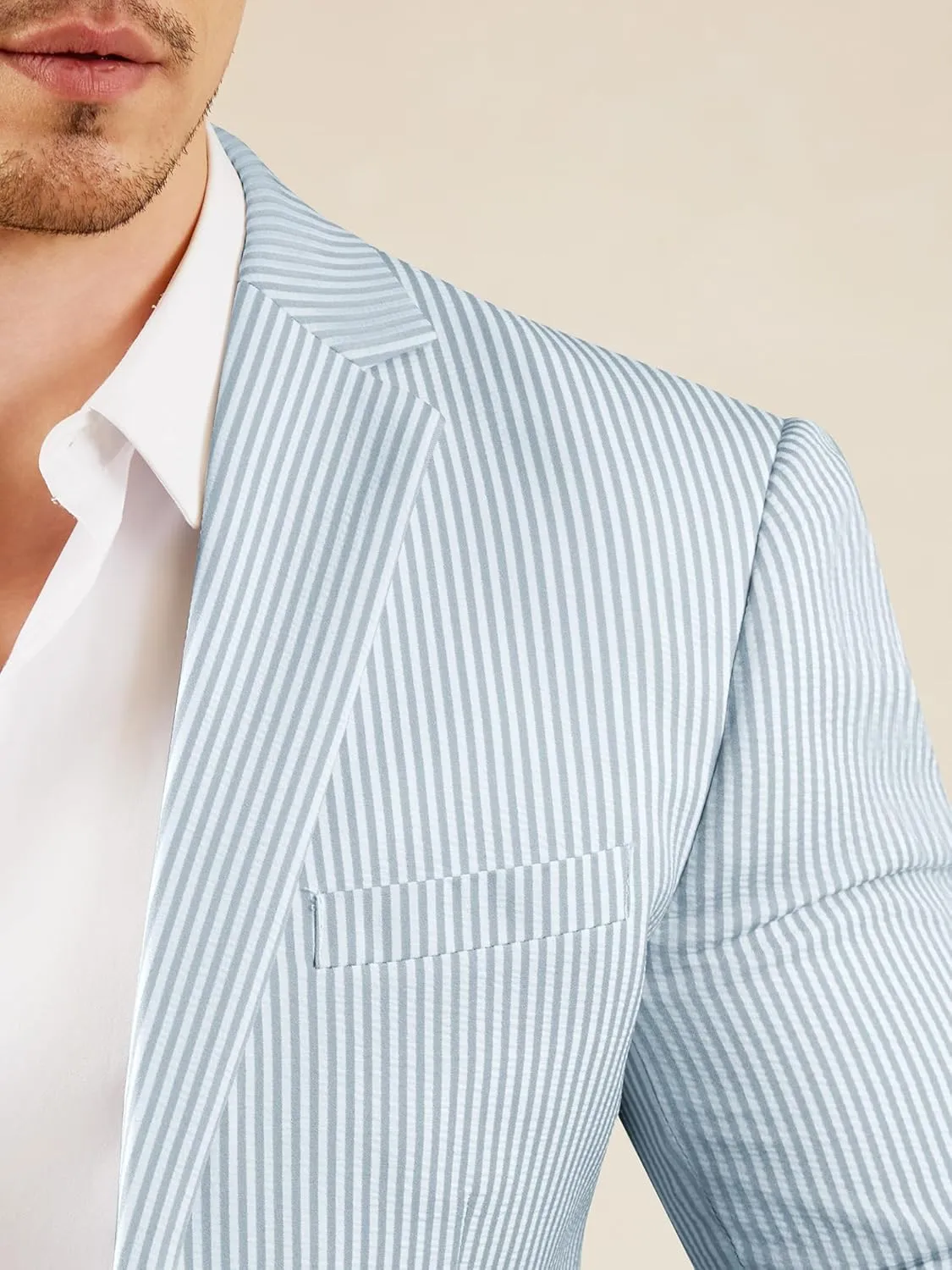 WEEN CHARM Men's 2 Piece Slim Fit Pinstripe Seersucker Suit Lightweight Breathable for Beach Wedding Summer Formal