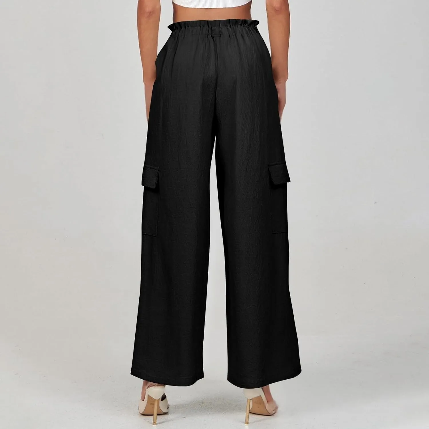 Wide Leg Cargo Pants for Women Casual Summer Elastic Waist Linen Pants Beach Trousers with Pockets Vacation Outfits