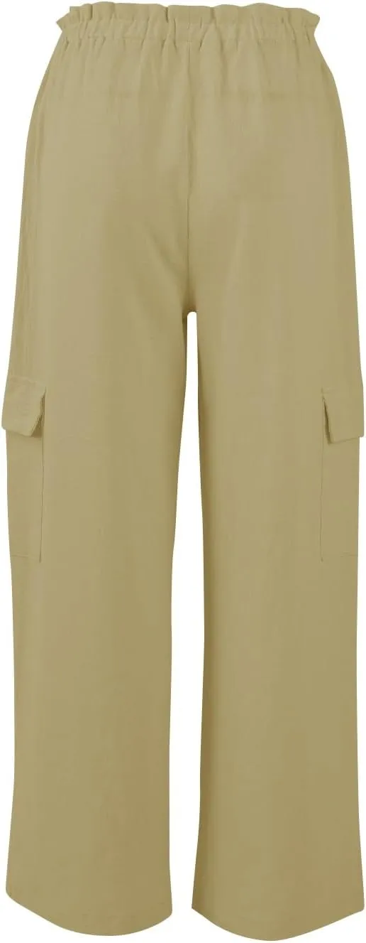 Wide Leg Cargo Pants for Women Casual Summer Elastic Waist Linen Pants Beach Trousers with Pockets Vacation Outfits