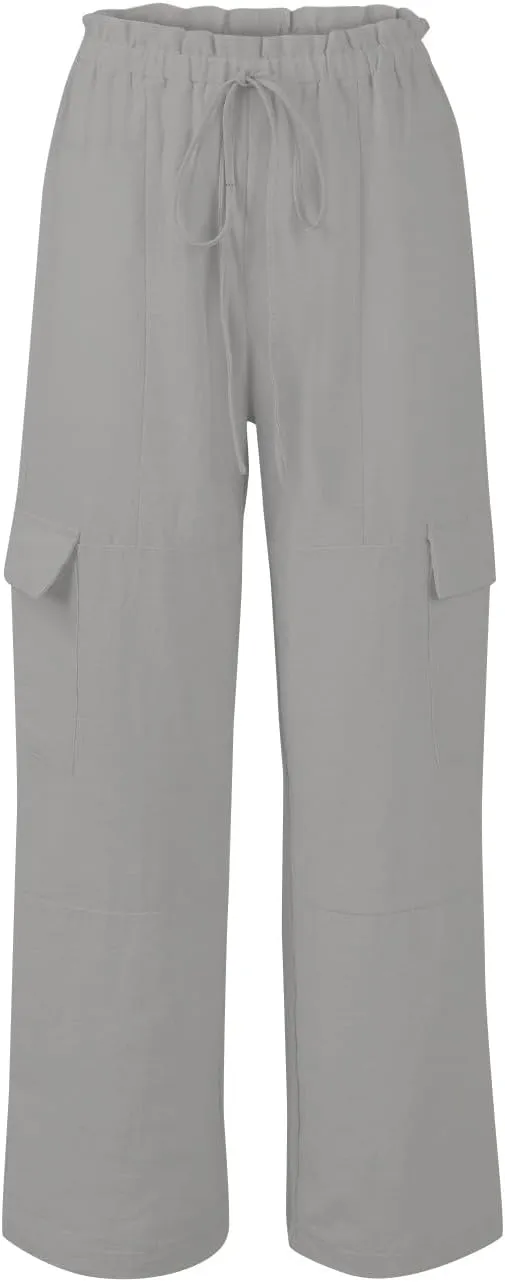 Wide Leg Cargo Pants for Women Casual Summer Elastic Waist Linen Pants Beach Trousers with Pockets Vacation Outfits