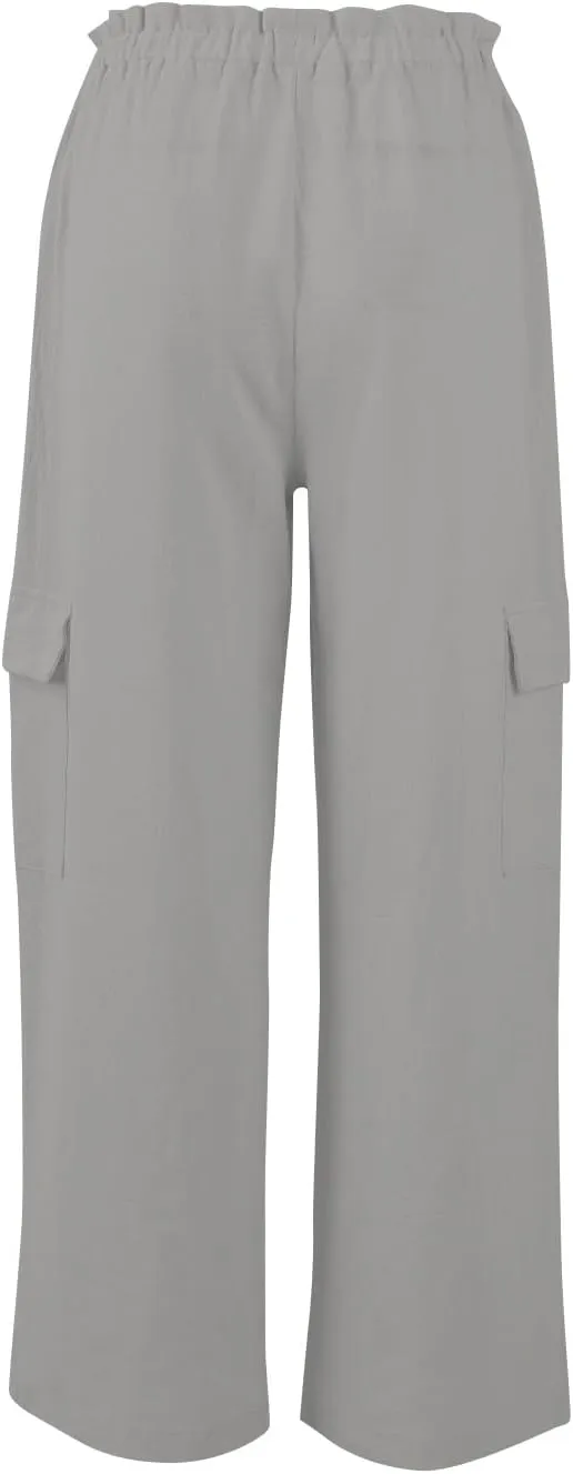 Wide Leg Cargo Pants for Women Casual Summer Elastic Waist Linen Pants Beach Trousers with Pockets Vacation Outfits