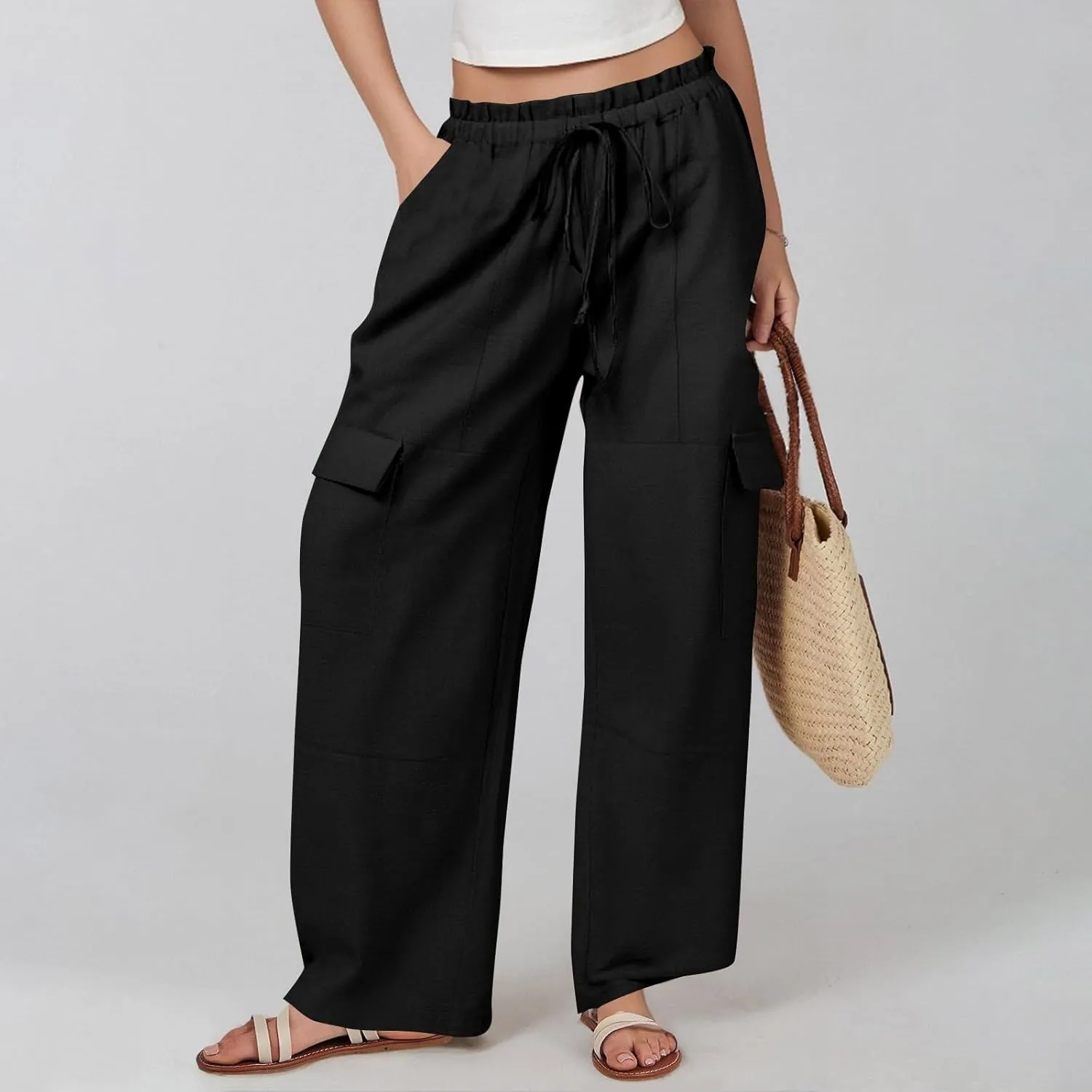 Wide Leg Cargo Pants for Women Casual Summer Elastic Waist Linen Pants Beach Trousers with Pockets Vacation Outfits