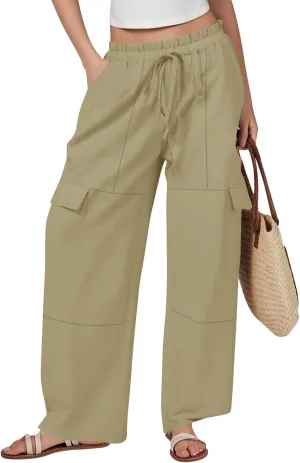 Wide Leg Cargo Pants for Women Casual Summer Elastic Waist Linen Pants Beach Trousers with Pockets Vacation Outfits