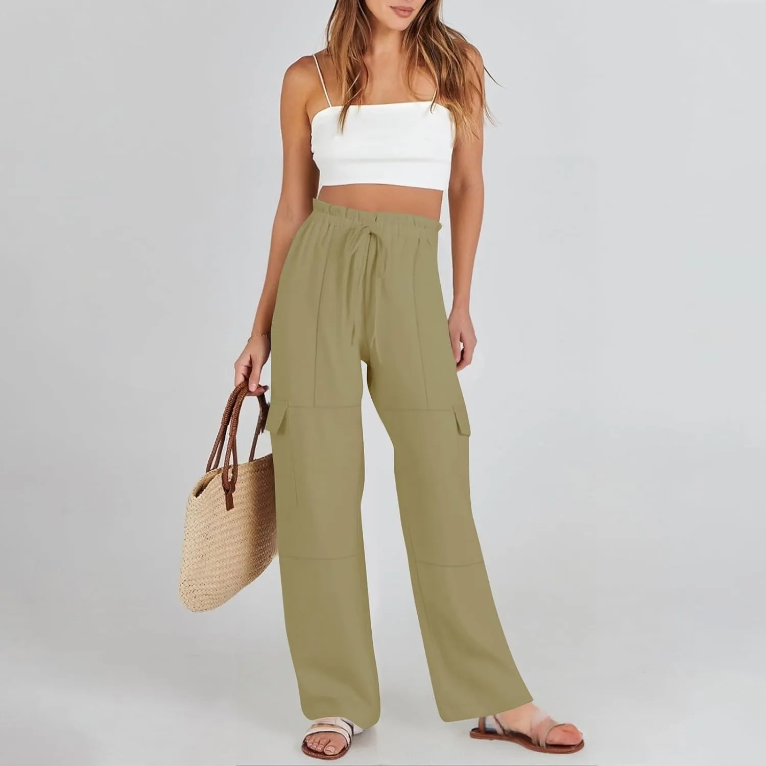 Wide Leg Cargo Pants for Women Casual Summer Elastic Waist Linen Pants Beach Trousers with Pockets Vacation Outfits