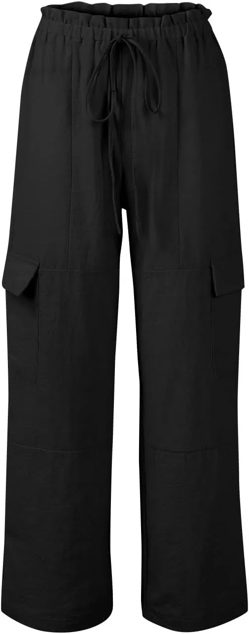 Wide Leg Cargo Pants for Women Casual Summer Elastic Waist Linen Pants Beach Trousers with Pockets Vacation Outfits