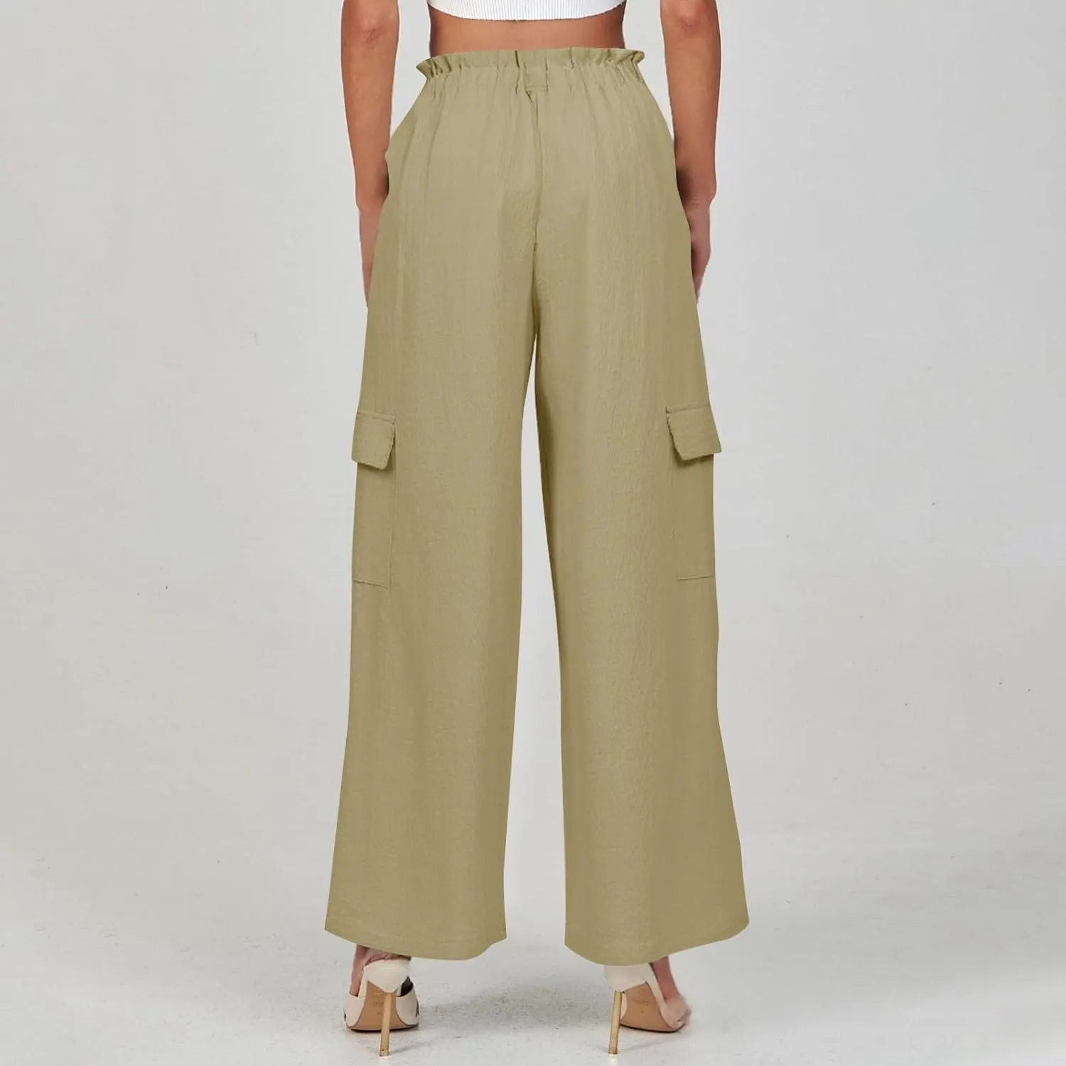 Wide Leg Cargo Pants for Women Casual Summer Elastic Waist Linen Pants Beach Trousers with Pockets Vacation Outfits