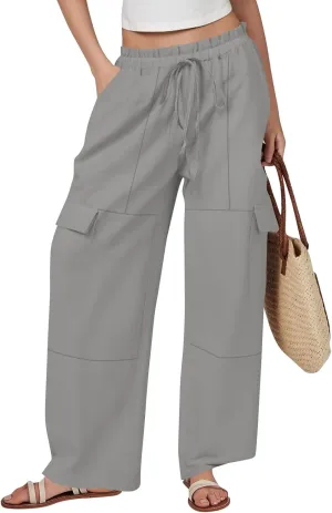 Wide Leg Cargo Pants for Women Casual Summer Elastic Waist Linen Pants Beach Trousers with Pockets Vacation Outfits