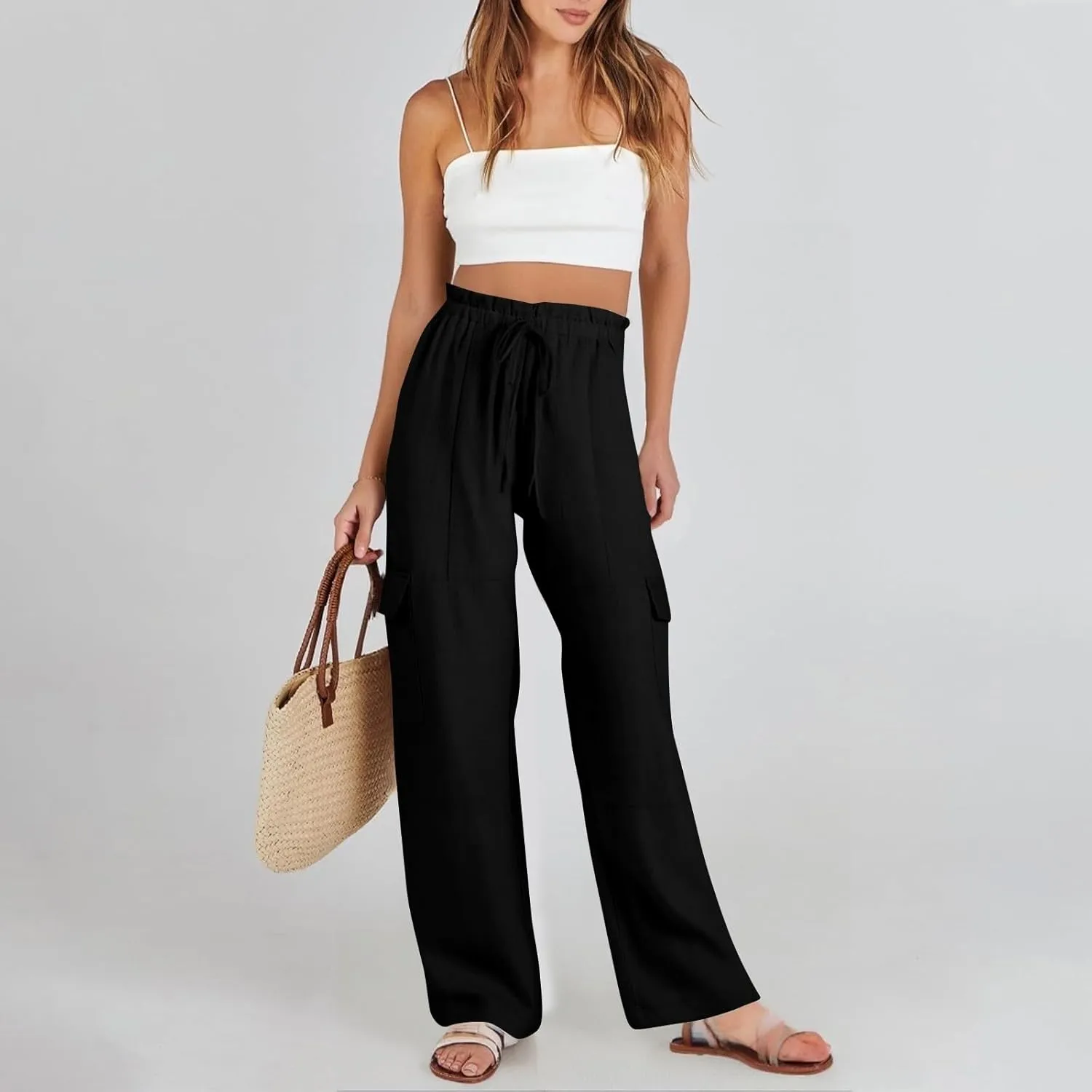 Wide Leg Cargo Pants for Women Casual Summer Elastic Waist Linen Pants Beach Trousers with Pockets Vacation Outfits