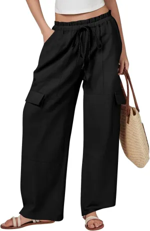 Wide Leg Cargo Pants for Women Casual Summer Elastic Waist Linen Pants Beach Trousers with Pockets Vacation Outfits