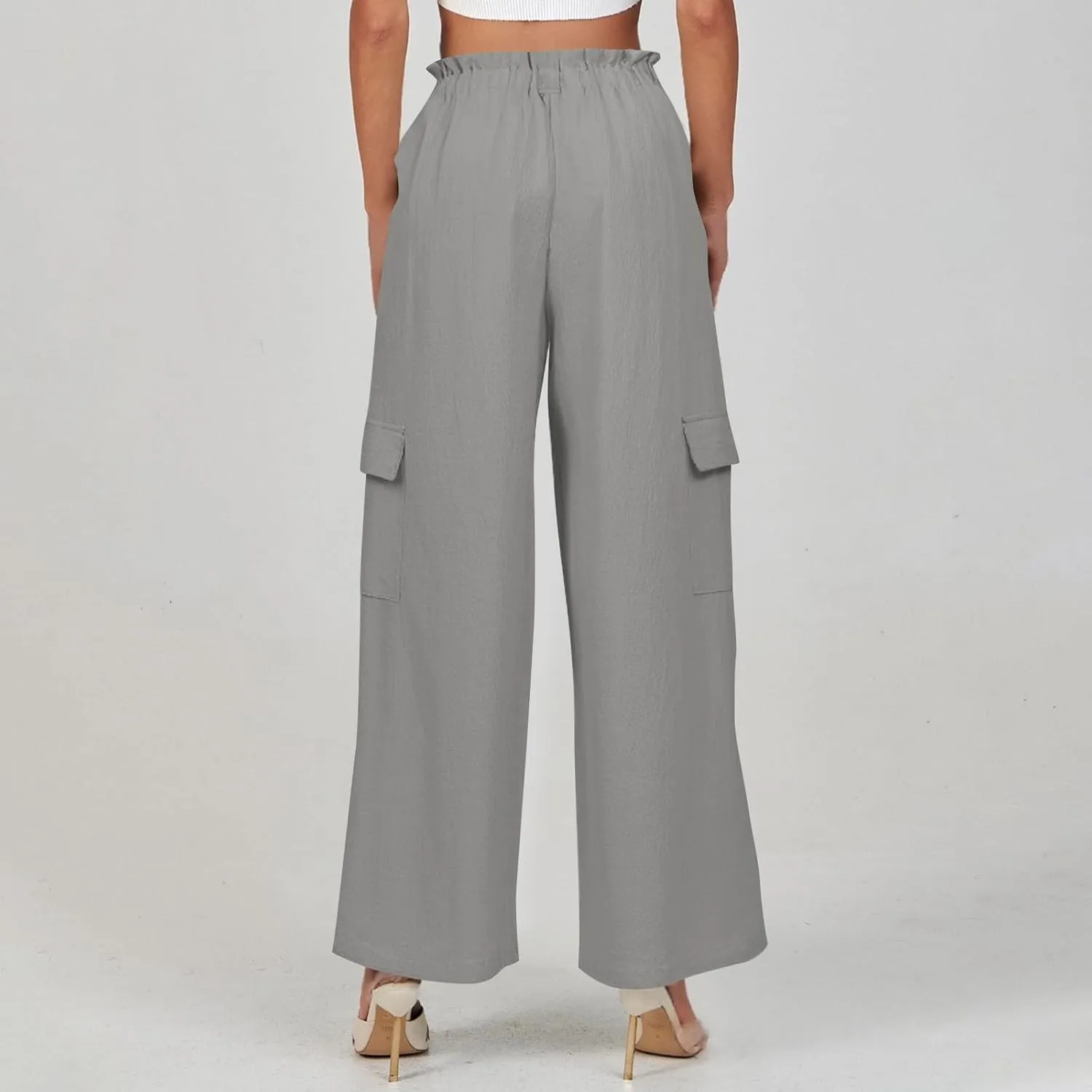 Wide Leg Cargo Pants for Women Casual Summer Elastic Waist Linen Pants Beach Trousers with Pockets Vacation Outfits