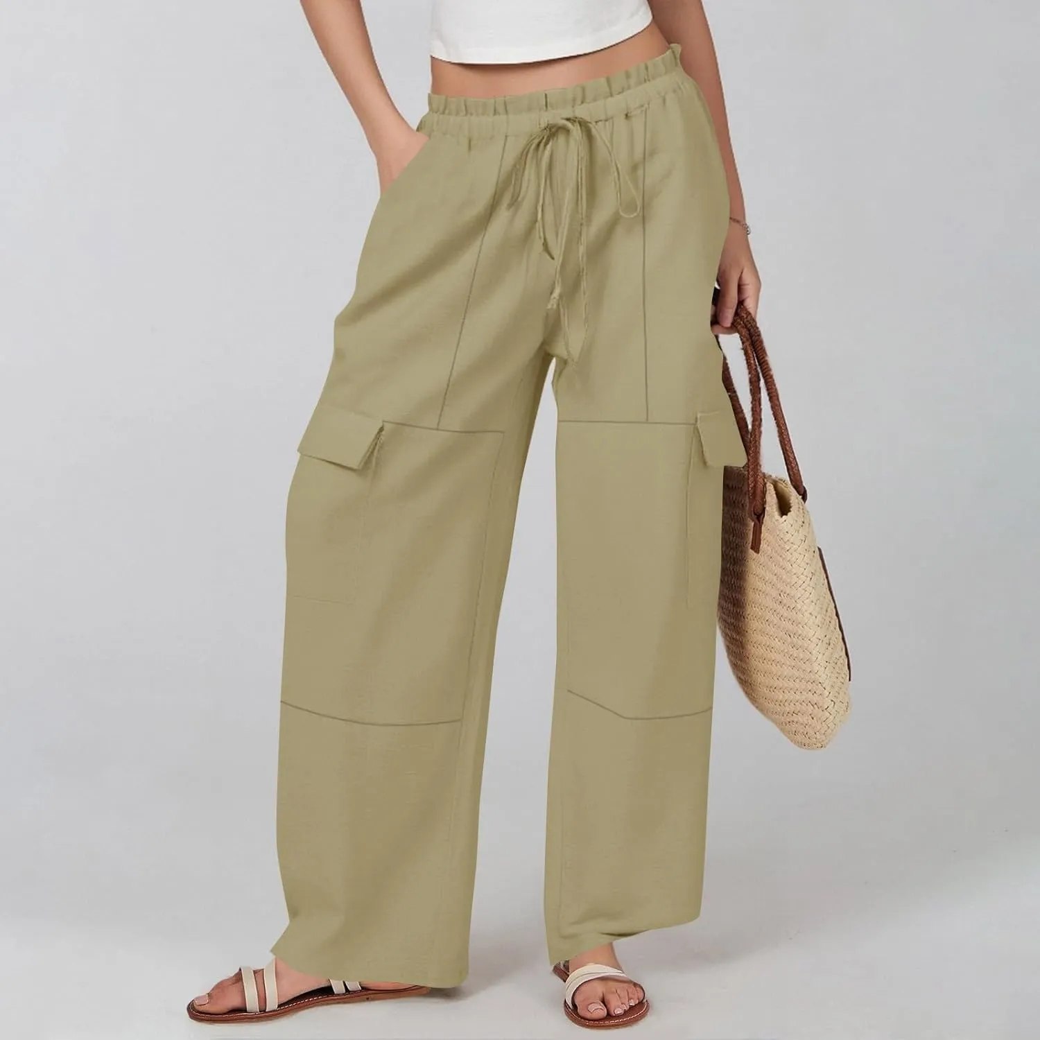 Wide Leg Cargo Pants for Women Casual Summer Elastic Waist Linen Pants Beach Trousers with Pockets Vacation Outfits
