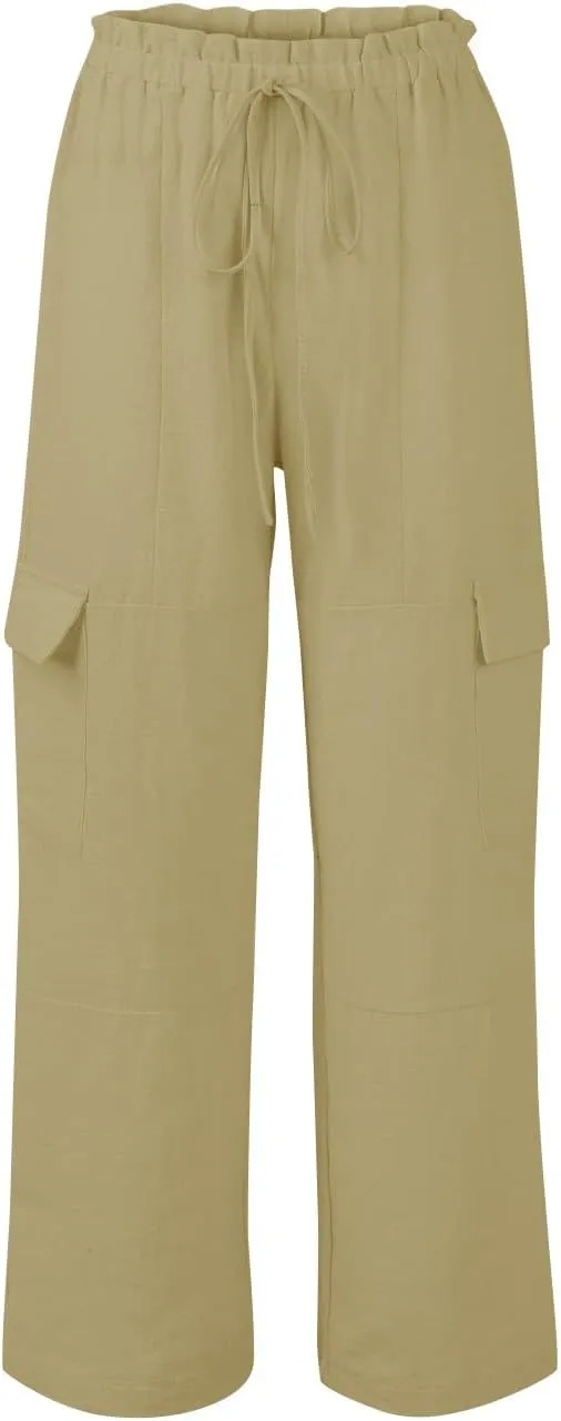 Wide Leg Cargo Pants for Women Casual Summer Elastic Waist Linen Pants Beach Trousers with Pockets Vacation Outfits