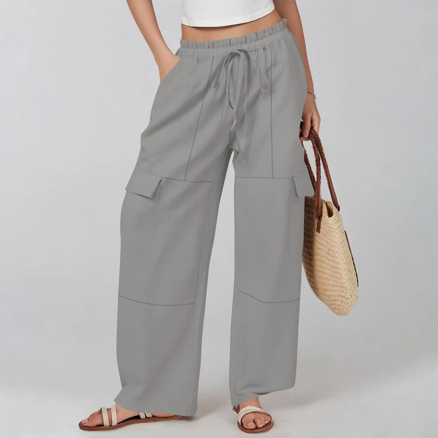 Wide Leg Cargo Pants for Women Casual Summer Elastic Waist Linen Pants Beach Trousers with Pockets Vacation Outfits