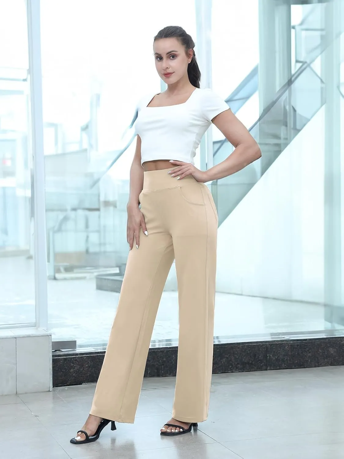 Wide Leg Pants for Woman, High Waisted Loose Casual Pull on Yoga Pants with Pockets Dress Trousers for Work/Athletic