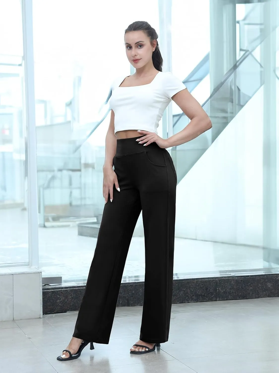 Wide Leg Pants for Woman, High Waisted Loose Casual Pull on Yoga Pants with Pockets Dress Trousers for Work/Athletic