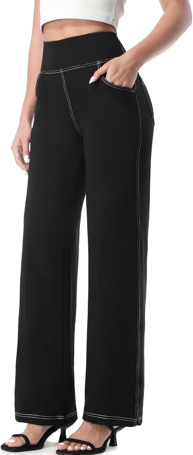 Wide Leg Pants for Woman, High Waisted Loose Casual Pull on Yoga Pants with Pockets Dress Trousers for Work/Athletic