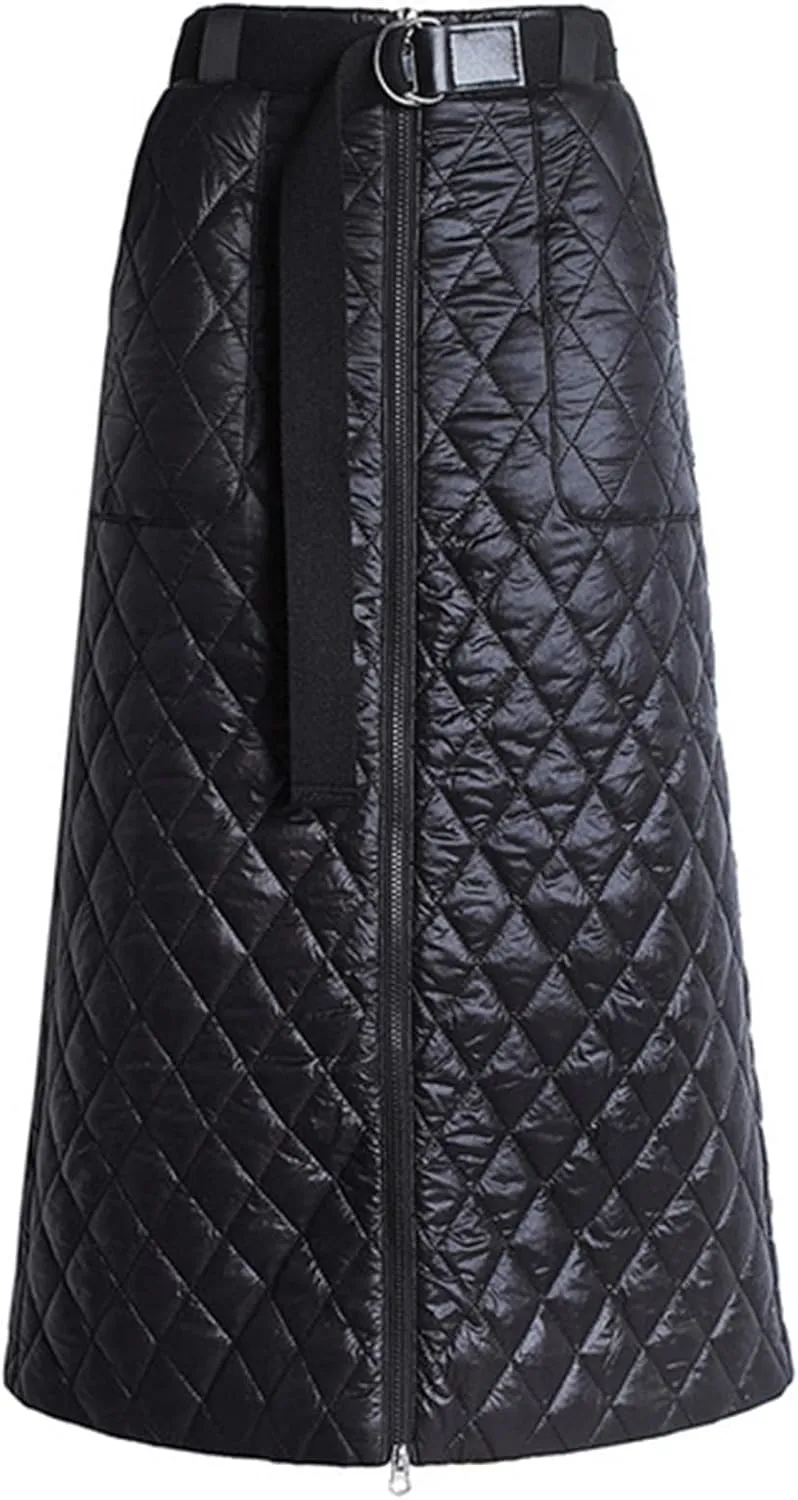 Women Lightweight Puffer Skirt Warm Quilted Skirt Zip Front High Waist Long Skirt
