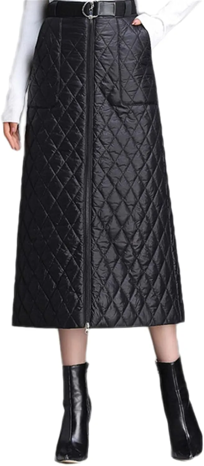 Women Lightweight Puffer Skirt Warm Quilted Skirt Zip Front High Waist Long Skirt