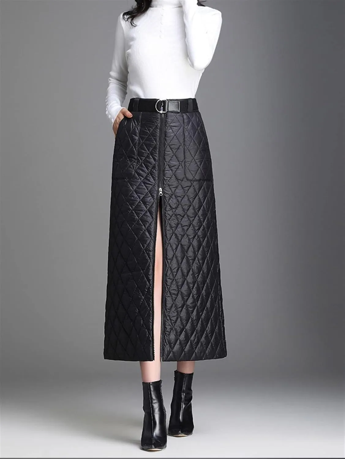 Women Lightweight Puffer Skirt Warm Quilted Skirt Zip Front High Waist Long Skirt