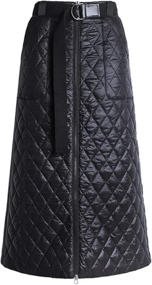 Women Lightweight Puffer Skirt Warm Quilted Skirt Zip Front High Waist Long Skirt
