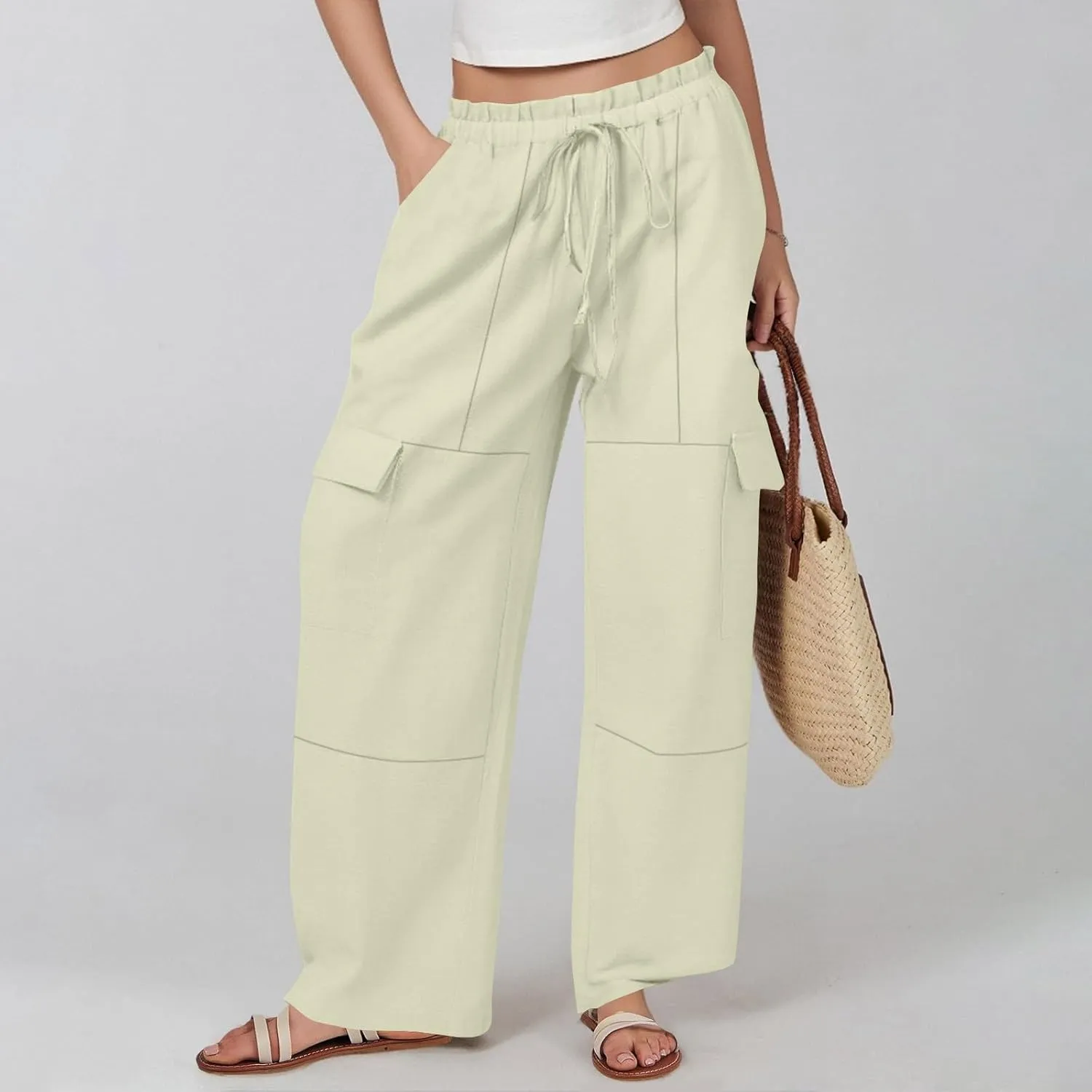 Women Linen Cargo Pants Casual Summer Elastic Waist Palazzo Pants Flowy Beach Trousers with Pockets Vacation Outfits