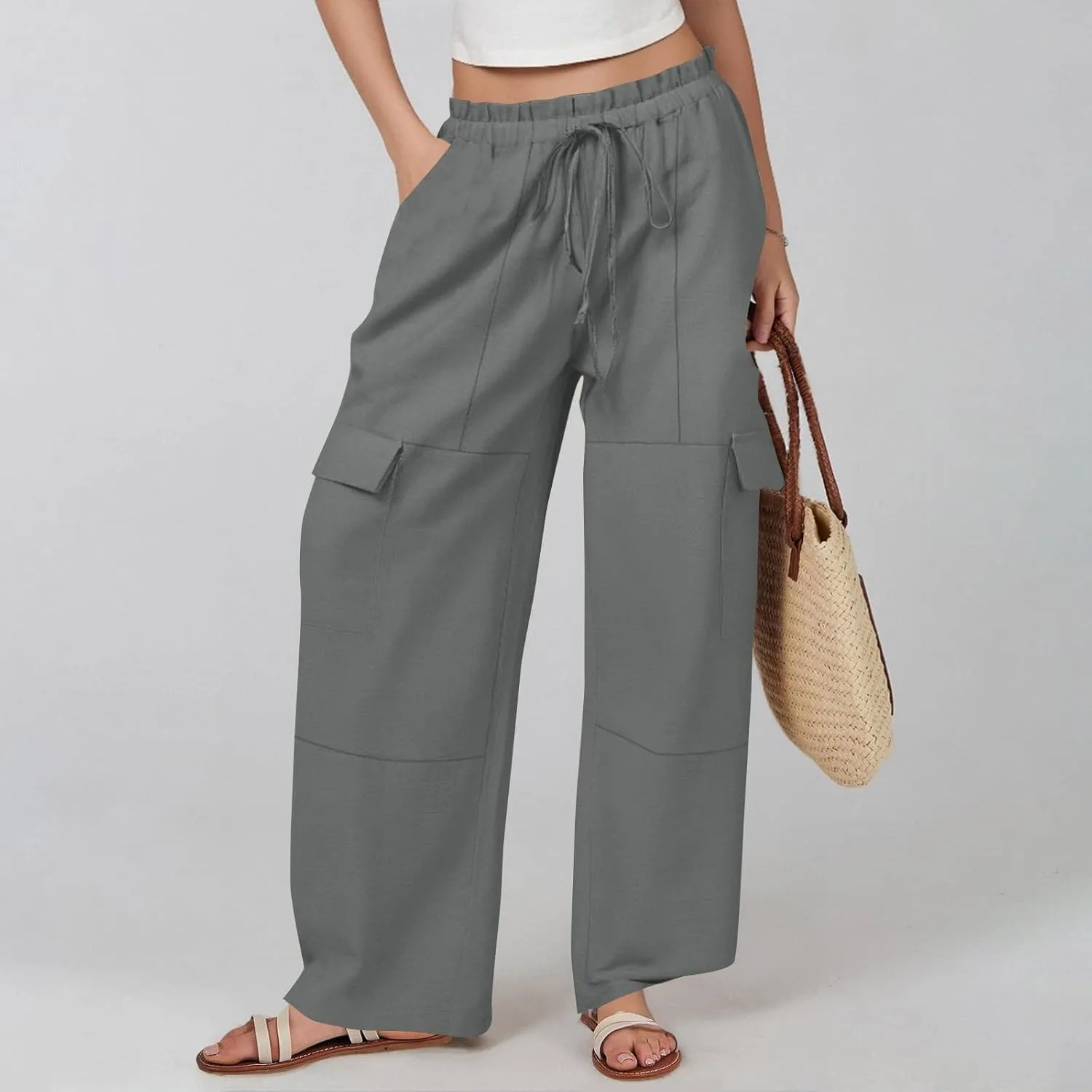 Women Linen Cargo Pants Casual Summer Elastic Waist Palazzo Pants Flowy Beach Trousers with Pockets Vacation Outfits