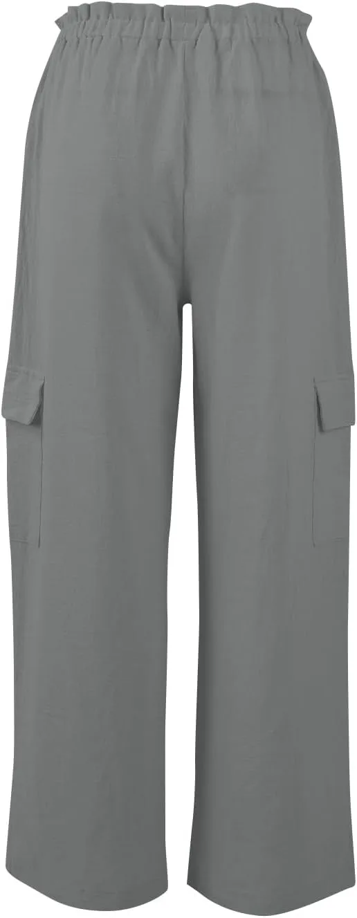 Women Linen Cargo Pants Casual Summer Elastic Waist Palazzo Pants Flowy Beach Trousers with Pockets Vacation Outfits