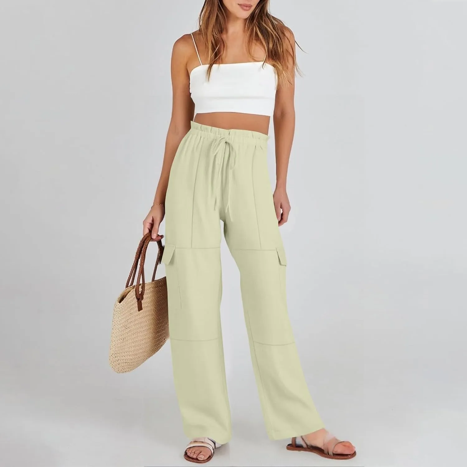 Women Linen Cargo Pants Casual Summer Elastic Waist Palazzo Pants Flowy Beach Trousers with Pockets Vacation Outfits
